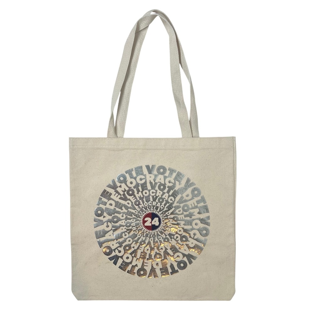 Tory Burch Designers for Democracy 2024 Vote Canvas Tote‎ Bag Cream Silver Foil